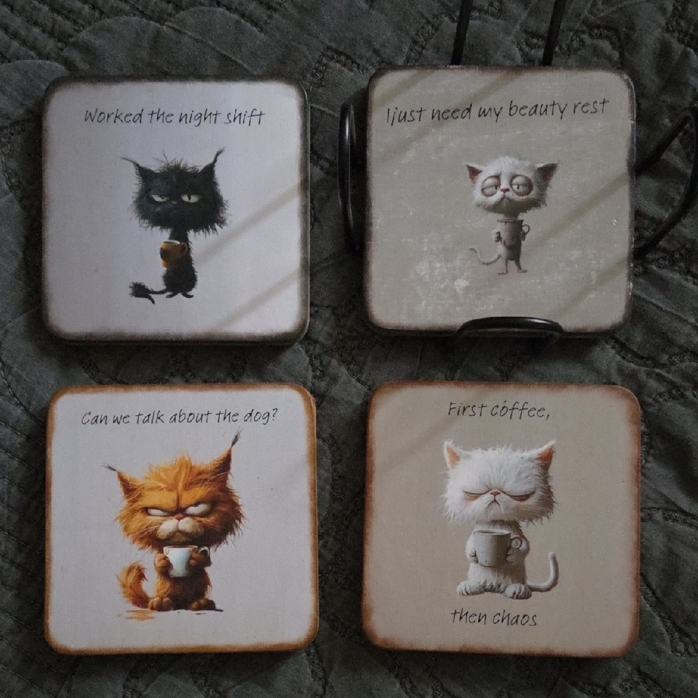 Cat-Themed Coaster Set - Black, White, Brown, Gray